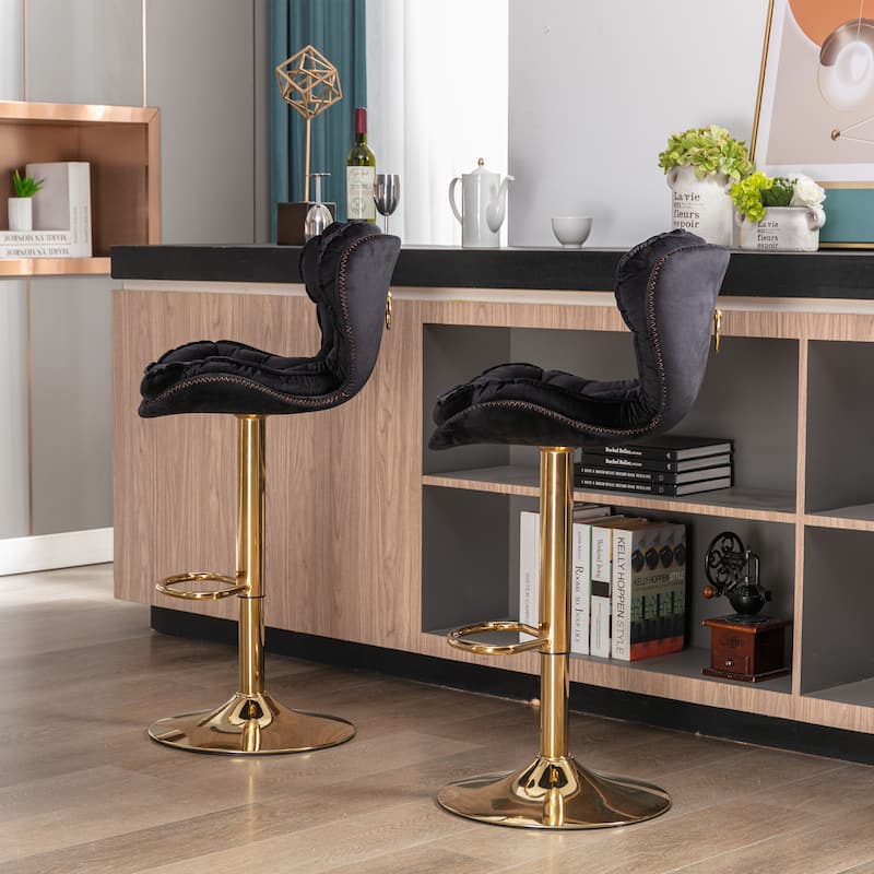 Set of 2 Adjustable Swivel Bar Stools, Black Velvet with Chrome Footrest & Gold Legs