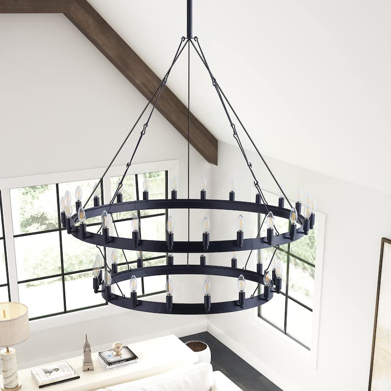 Black 28-Light Wagon Wheel Industrial 2-Tier Candle Style Chandelier