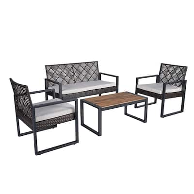 4-Piece Patio Furniture Set Outdoor Balcony Porch Garden Backyard Lawn Furniture Acacia Wood Table Top,Brown and Beige Cushion