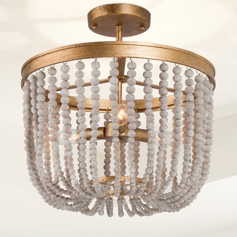 Cotia Boho Modern Glam 3-Light Wood Beads Semi-flush Mount Ceiling Lights Gold Chandelier - D14"*H15.5"