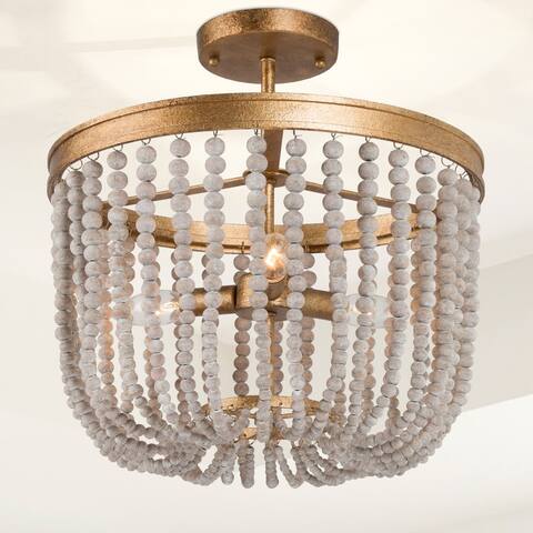 Boho Glam 3-light Wood Beads Semi-flush Mount Ceiling Lights Gold Chandelier - D14"*H15.5"