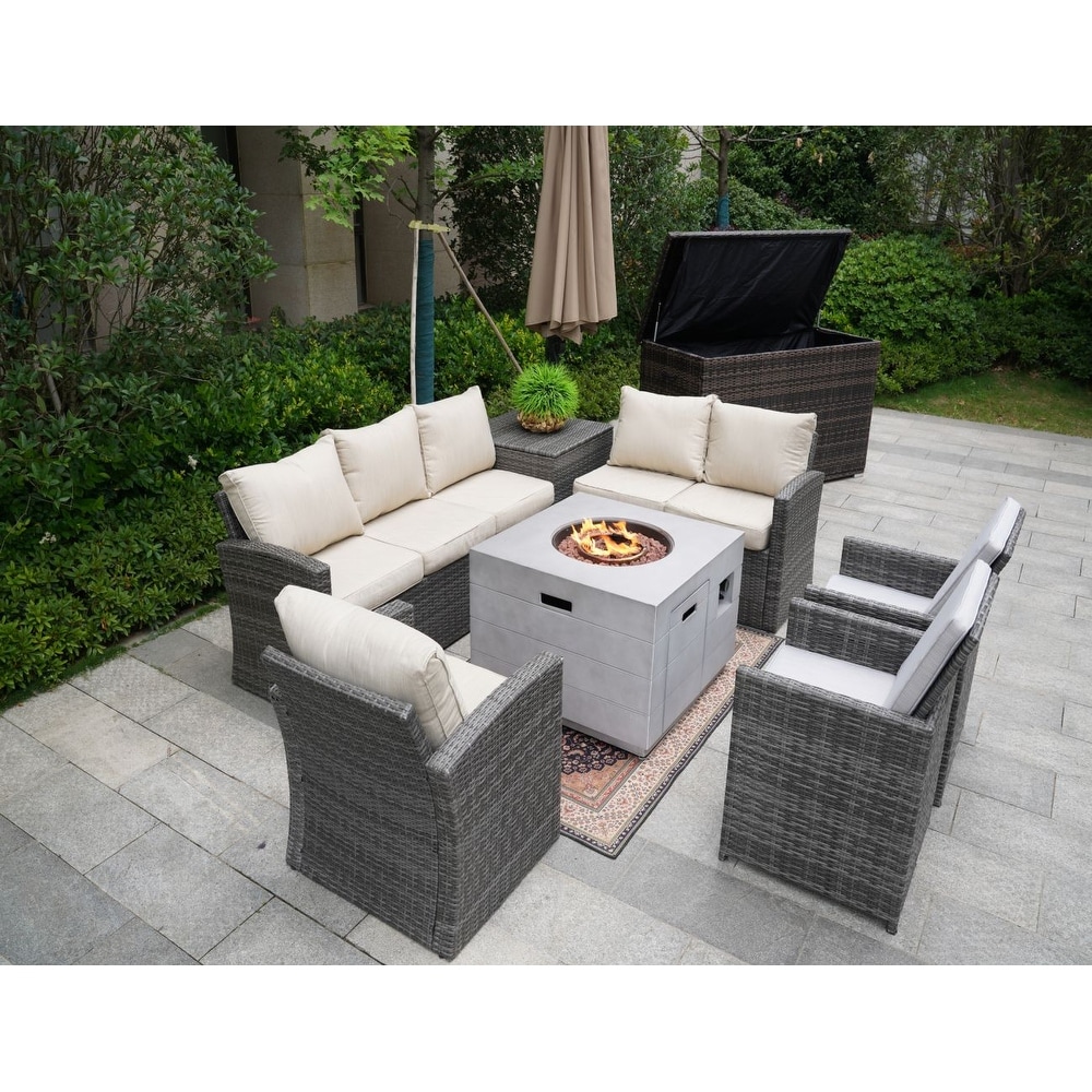 Grey rattan furniture with fire pit best sale