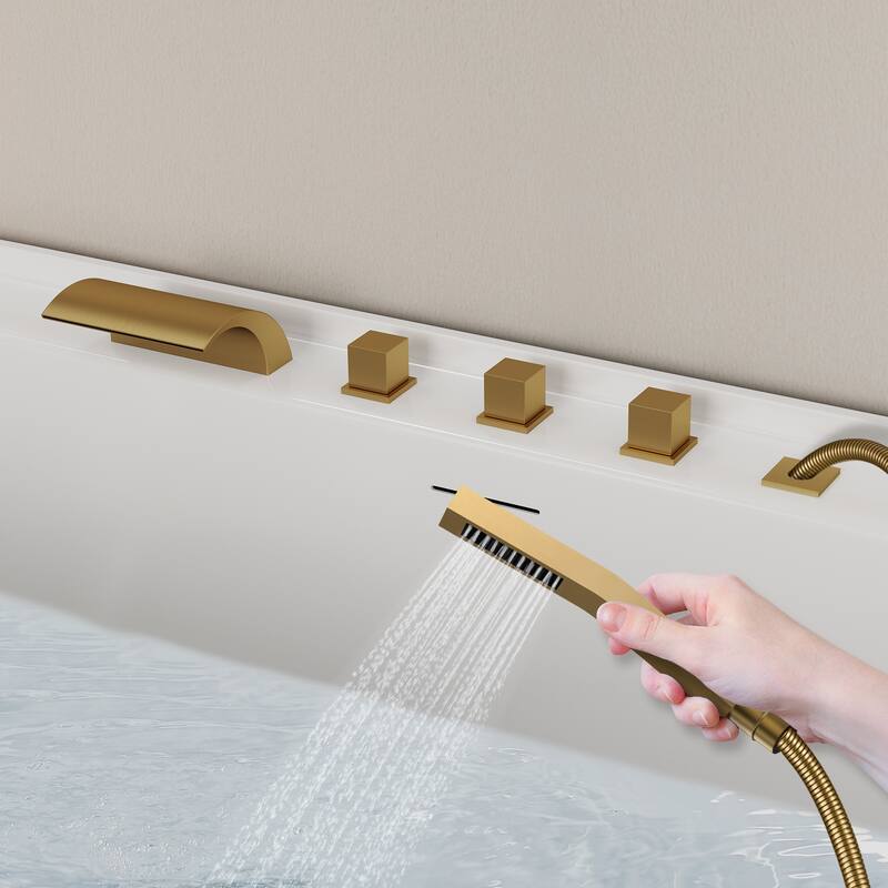 5-Hole 3-Handle Deck-Mount Waterfall Tub Faucet with Hand Shower,Waterfall Spout Bathtub Faucet