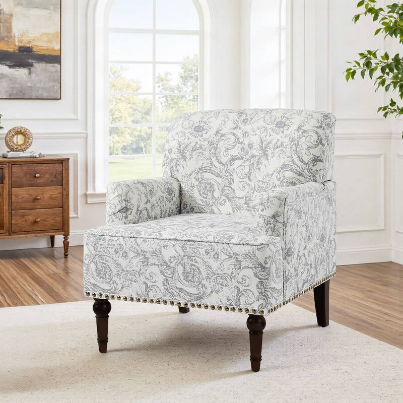 Striped Upholstered Linen Armchair with Brass Nailhead Trim