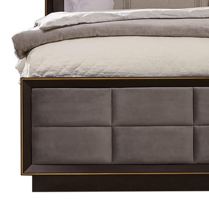 Oslo Queen Bed, Vaulted Headboard, Rectangular Tufting on Gray Upholstery