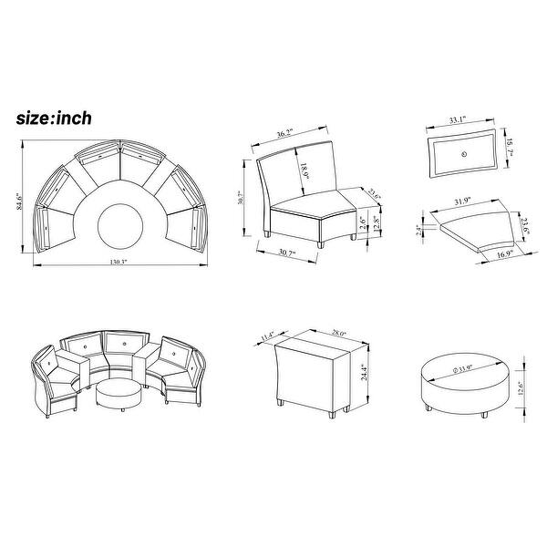 Outdoor Rattan 6 Person Fanshaped Sofa Set with Cushions and Table