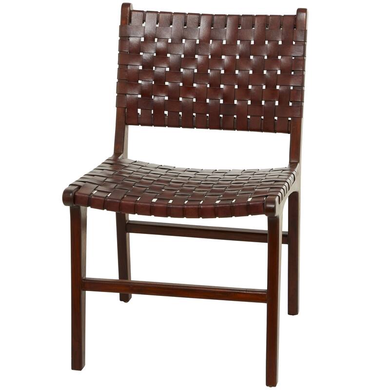 Brown, Black, White Leather Handmade Woven Kitchen Dining Chair with Teak Wood Frame