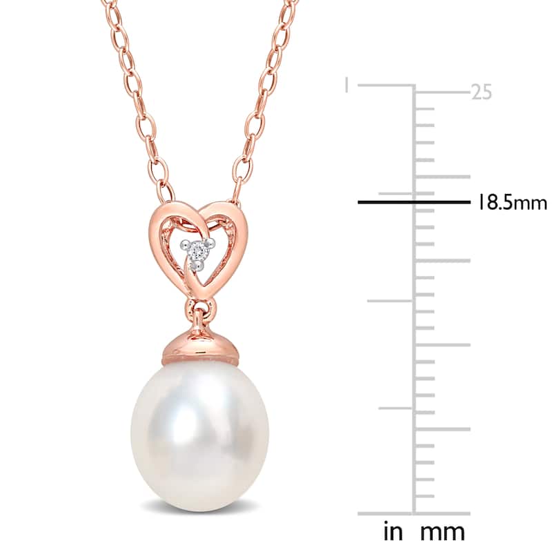 Miadora White Topaz and 8-9mm White South Sea Cultured Pearl Heart Pendant with Chain Pink Silver