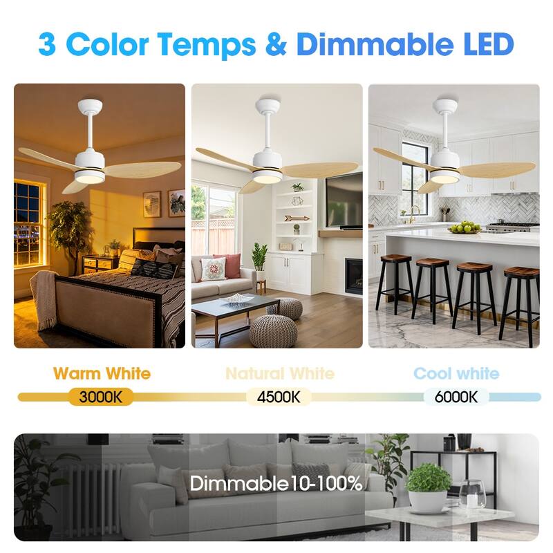 MLiAN 42 in 3 ABS Blades Indoor and Outdoor Ceiling Fan with Integrated LED and Remote Downrod