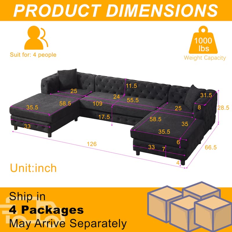 126" Chenille U-Shaped Sectional Sofa with Dual Chaise Lounges and 2 Pillows