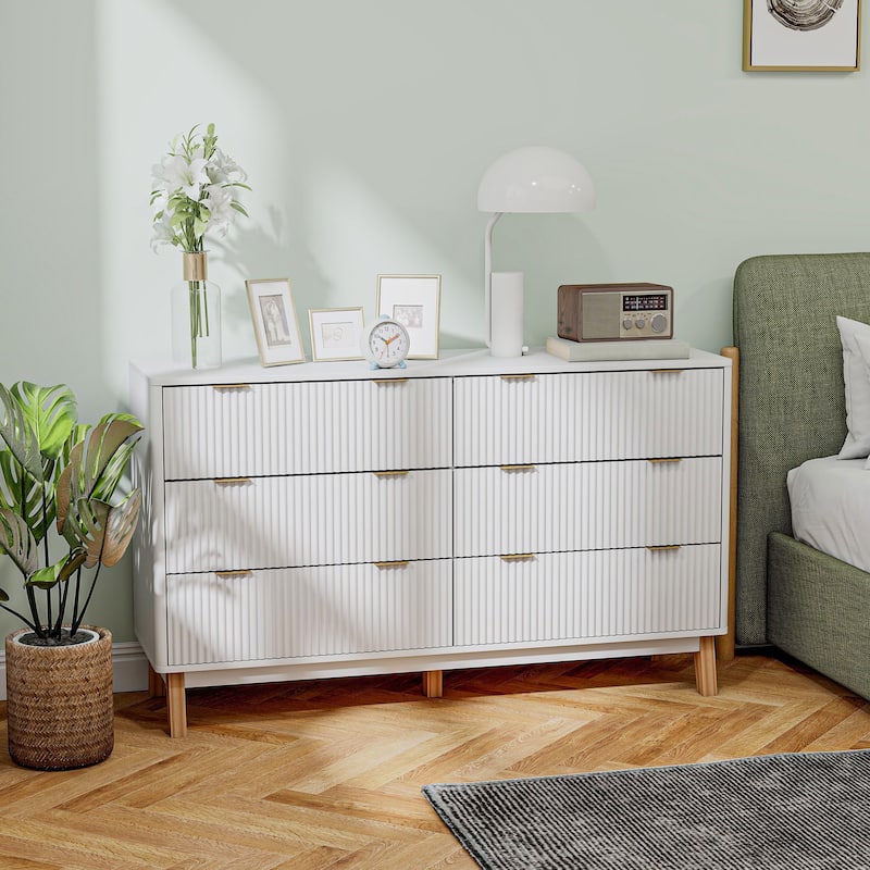 HOMCOM Fluted Dresser for Bedroom with 6 Drawers, 54" Wide Chest of Drawers with Gold Finger Pulls and 5 Wood Legs
