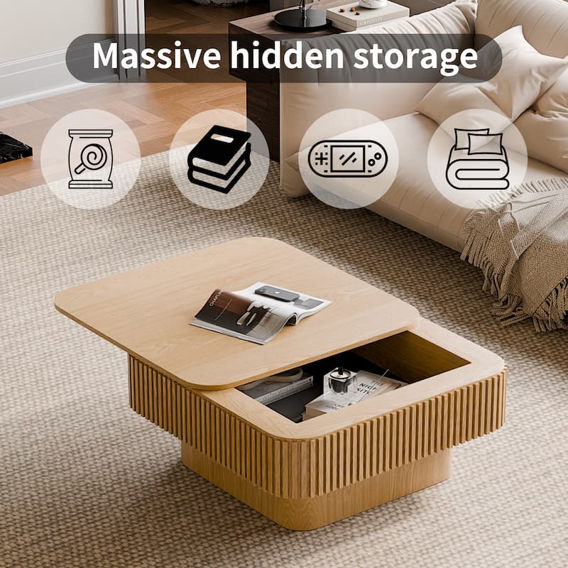 Modern 31.5" Square Coffee Table with Storage Solid Wood Veneered Accent Table for Living Room or Bedroom