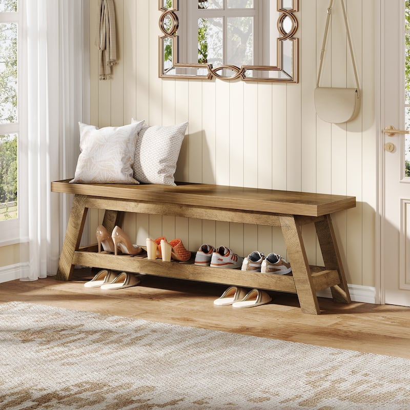 2-Tier Entryway Shoe Bench with Storage, 55-Inch Long Wood Storage Bench for Living Room, Bedrooms