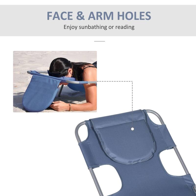 Folding sun loungers with face holes, arm slots and side pockets