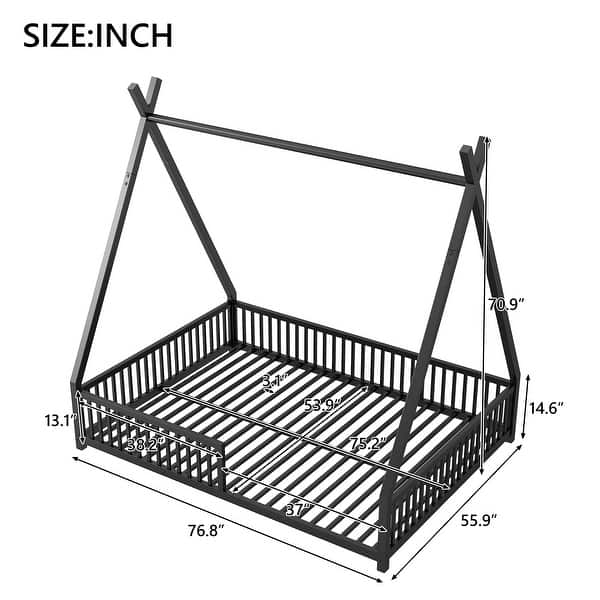 dimension image slide 0 of 4, Metal Full Size House Platform Bed with Triangle Structure & Guardrail, Black