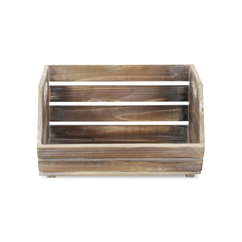 Natural Brown Wood Slat Stackable Storage with Side Handles - N/A