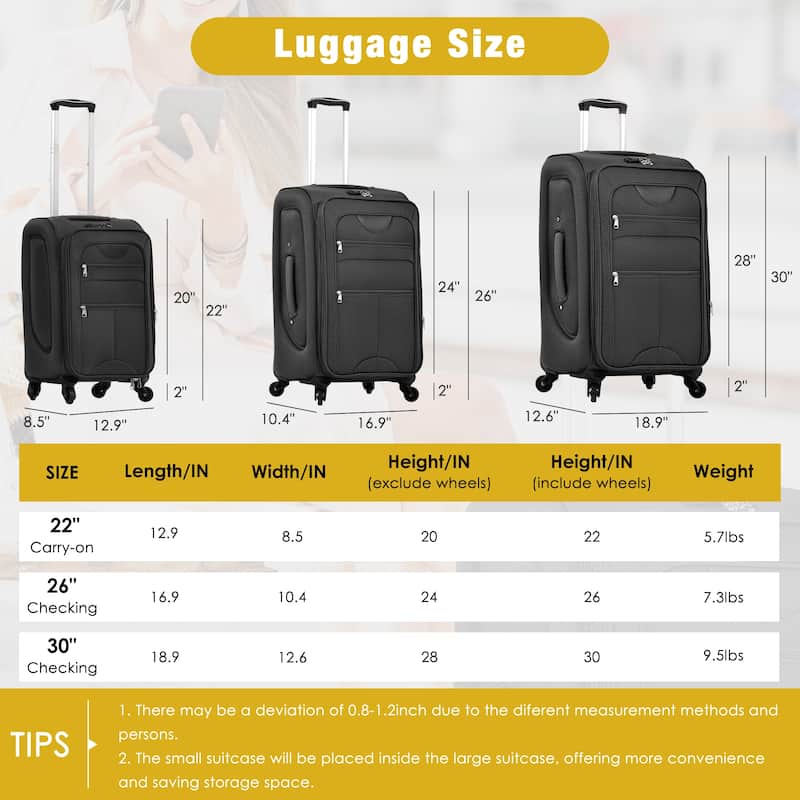 Softside Luggage Expandable 3 Piece Set Suitcase with Duffel Bag, Lightweight Luggage Travel Set-22IN 26IN 30 IN