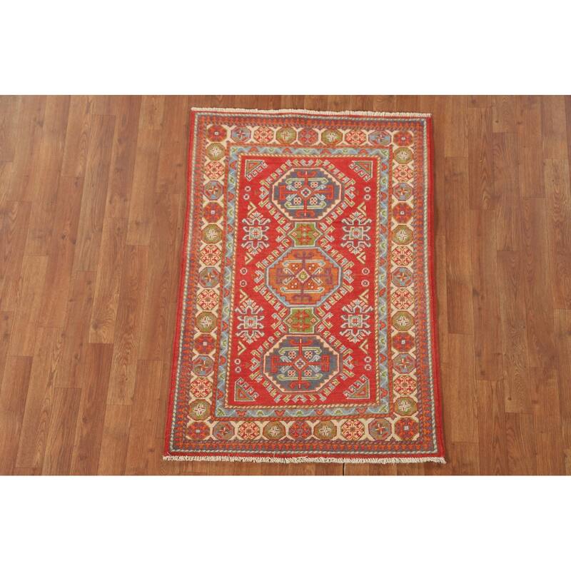Geometric Kazak Accent Rug Handmade Wool Carpet - 2'10" x 4'0"