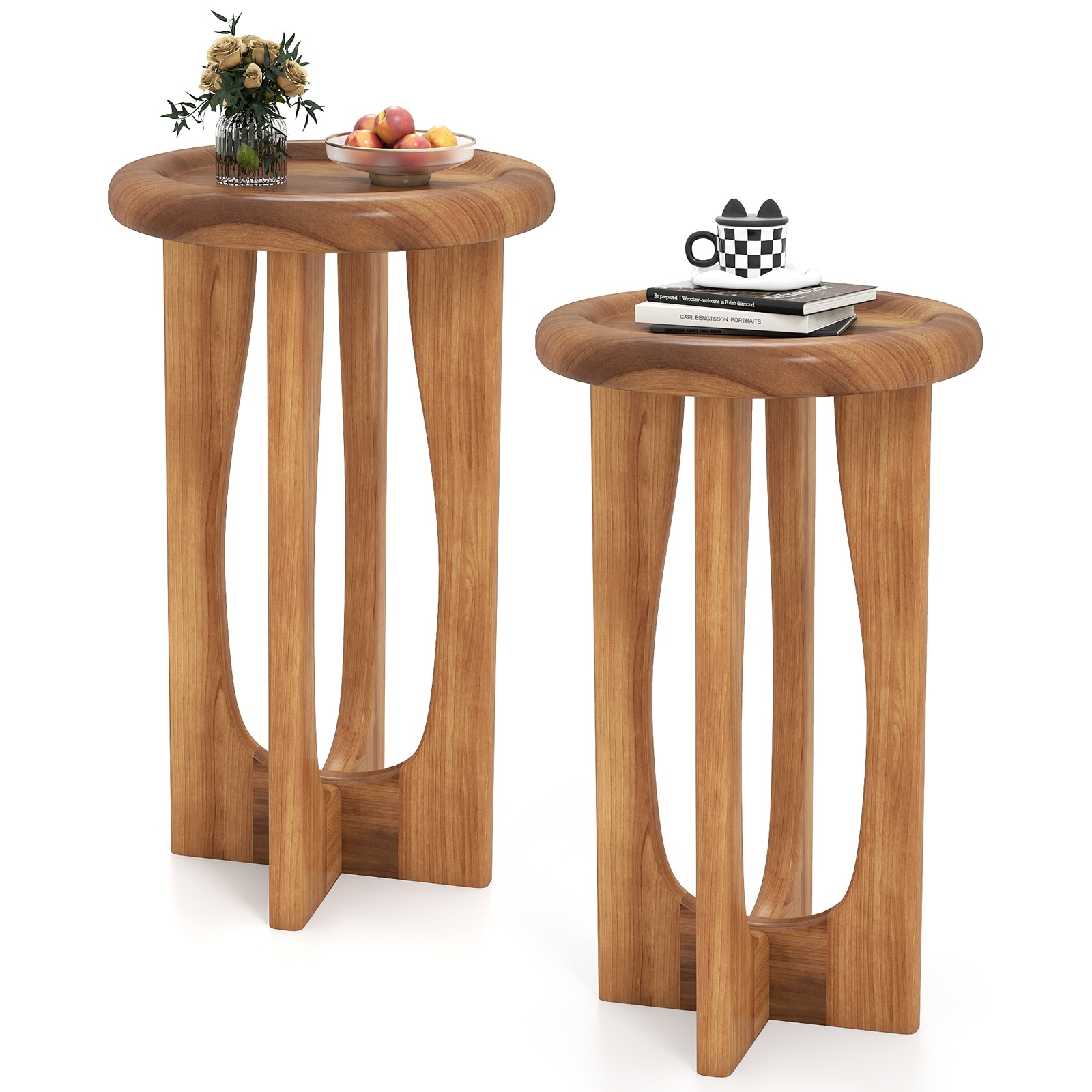 Gymax 2PCS 14'' Round Mahogany Accent Table Farmhouse End Table w/
