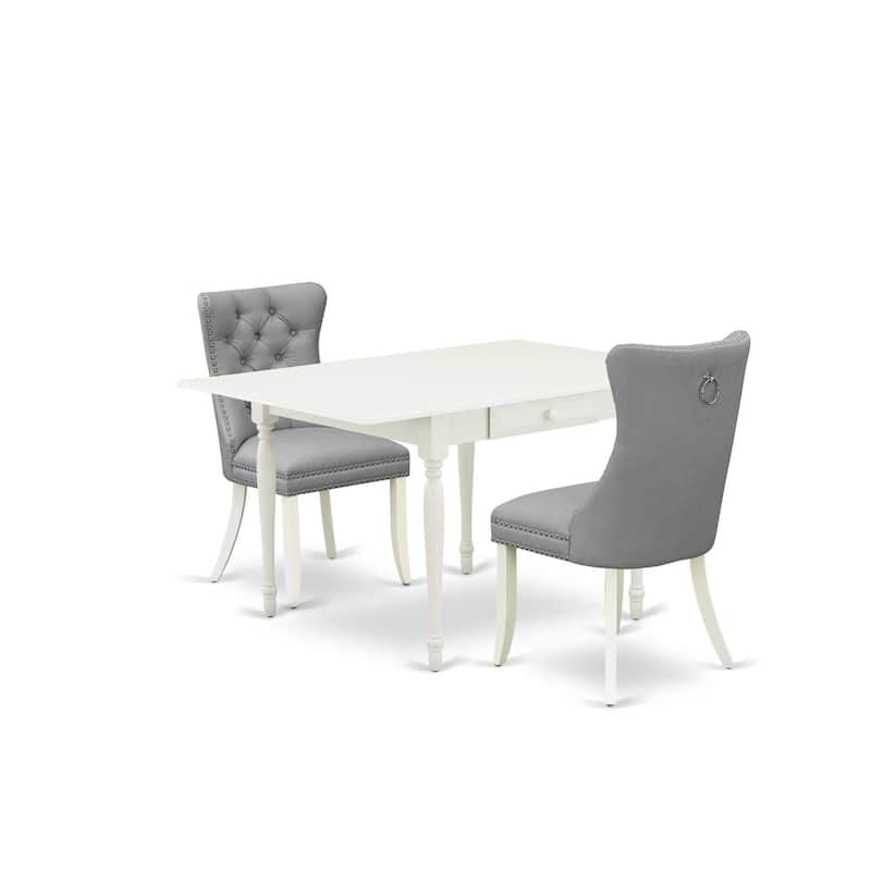 HomeStock 3-Pc Linen White Finish Rectangular Solid Wood Top with Dropleaf Dining Table Set