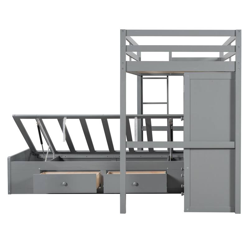 HomeRoots Gray Twin Over Twin Wood Bunk Bed With Drawers And Storage