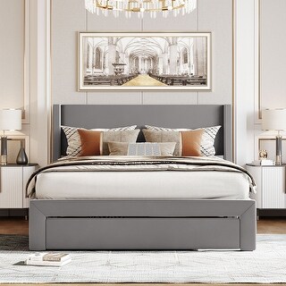 Velvet Upholstered Platform Bed, Queen Size Storage Bed with Big Drawer ...