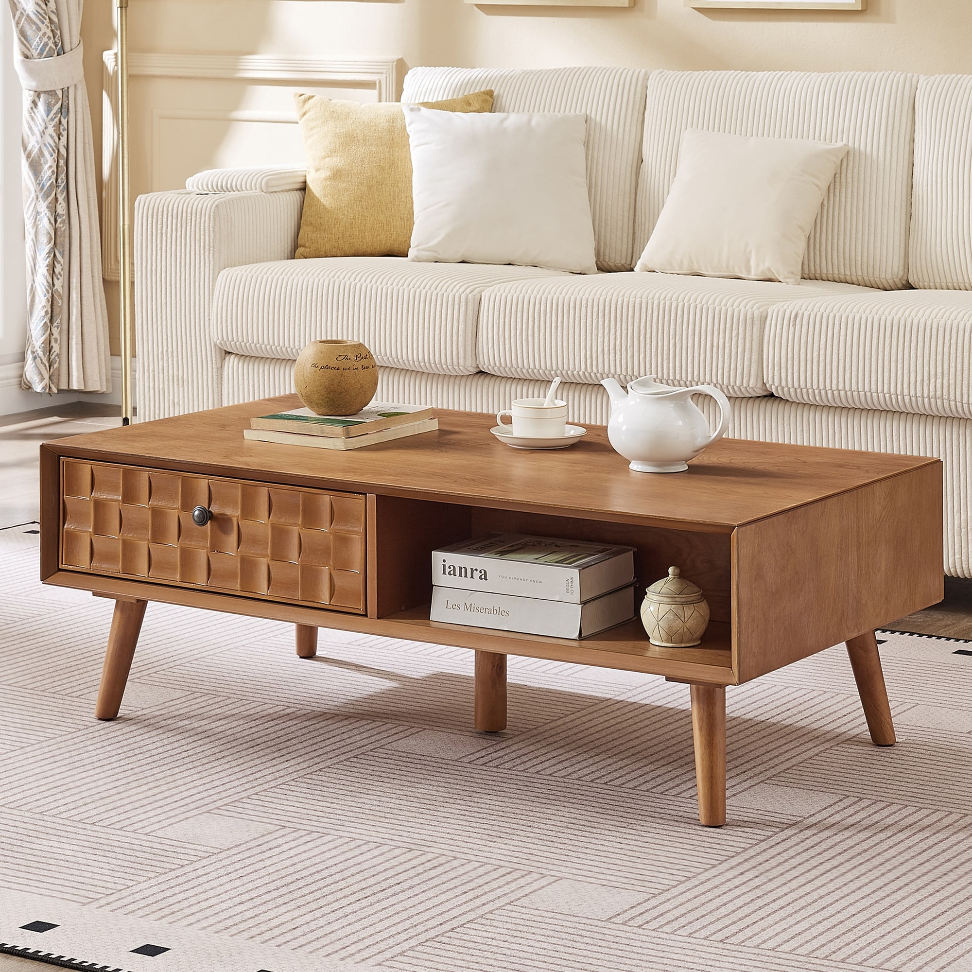 Farmhouse Wooden Coffee Table with Hidden Drawer & Open Shelf for Living Room