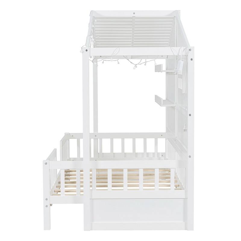 Twin Size House Bed with Shelves,Window and Light Strip on the Roof