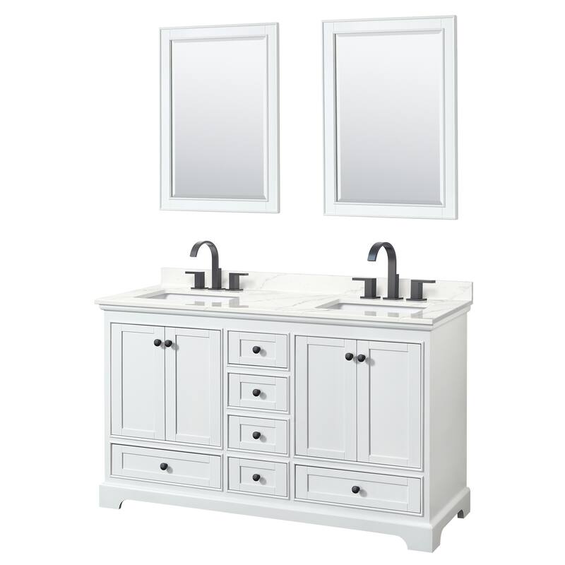 Deborah 60-inch Double Vanity, Quartz Top, 24-inch Mirrors - White, Black Trim, Giotto Quartz Top