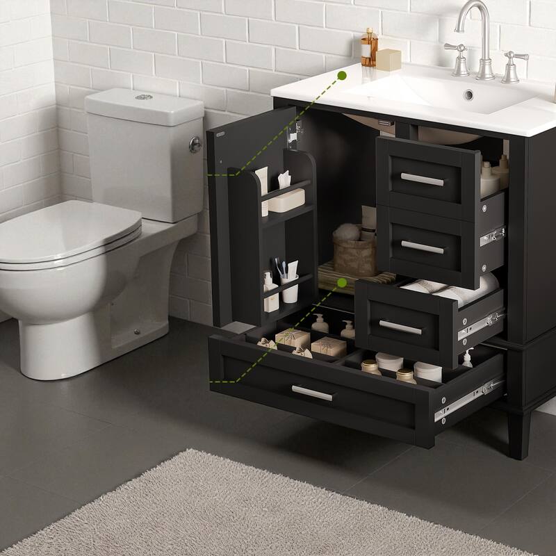 30" Modern Bathroom Vanity with Ceramic Sink, Solid Wood Frame, 1 Door & 3 Soft-Close Drawers, Freestanding