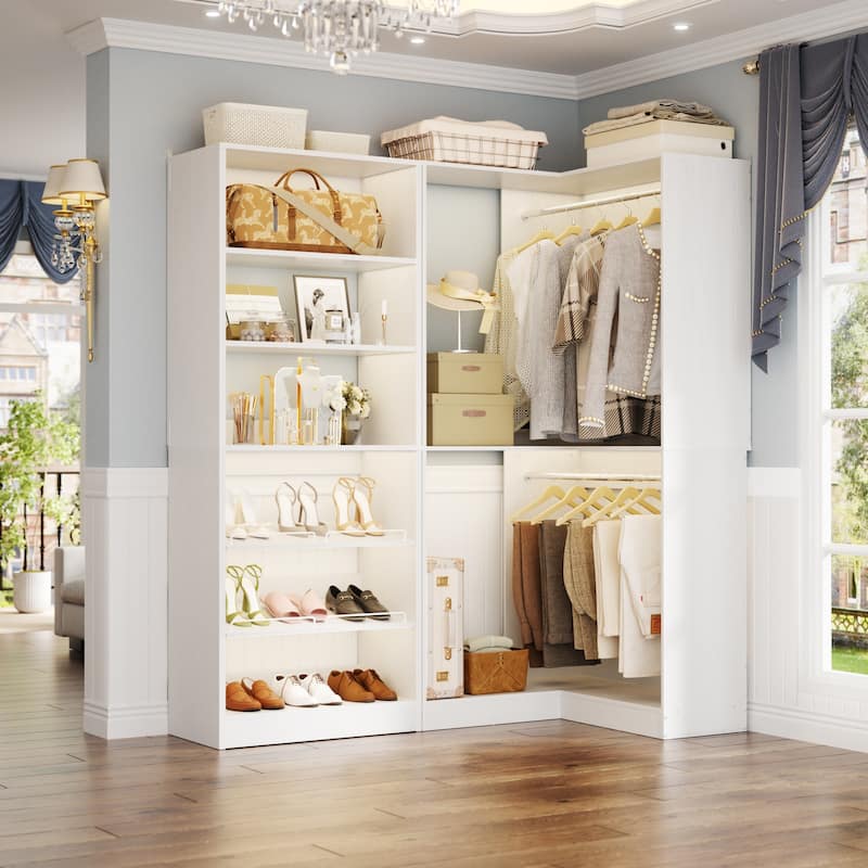 Cimly Set of 2 Corner Closet System, Freestanding Closet Organizer with Hanging Rods and Tower Shelves - White