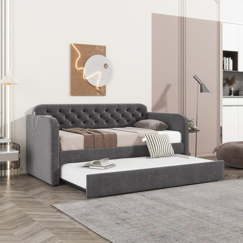 Upholstered Daybed with Trundle and USB Charging Design