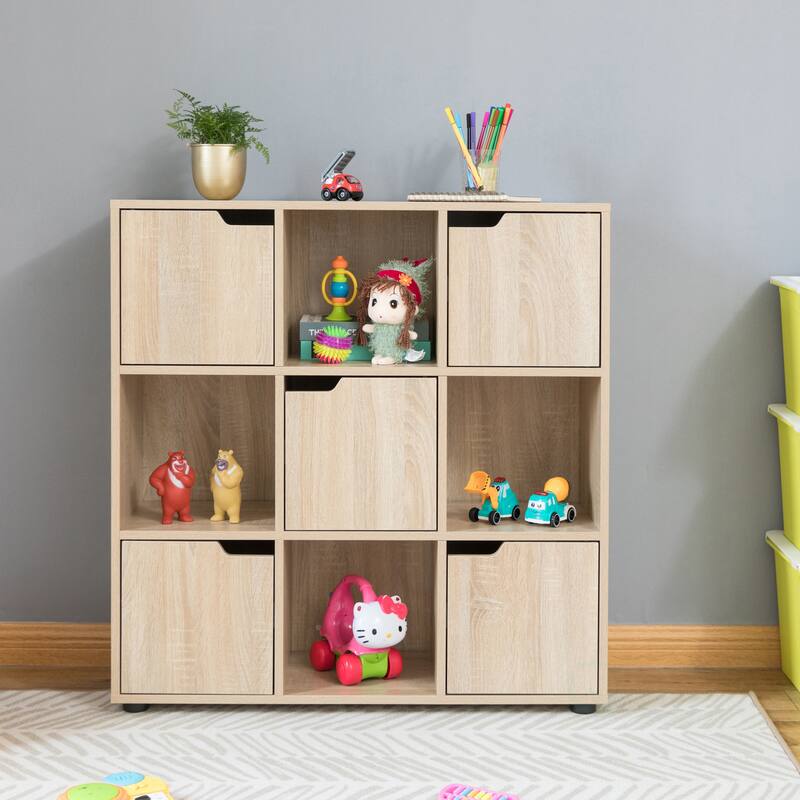 9-cube Oak Organizer with 5 Enclosed Doors and 4 Shelves - Oak