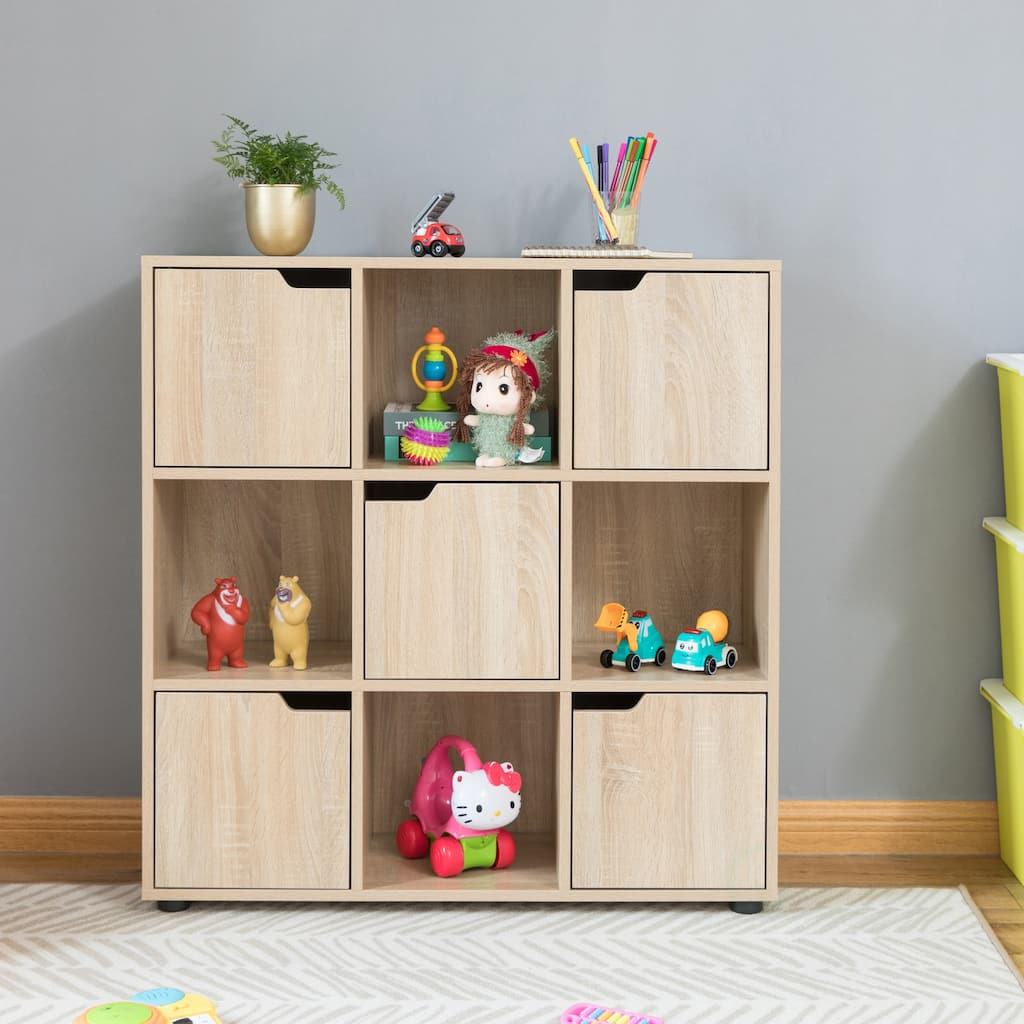 9-cube Oak Organizer with 5 Enclosed Doors and 4 Shelves