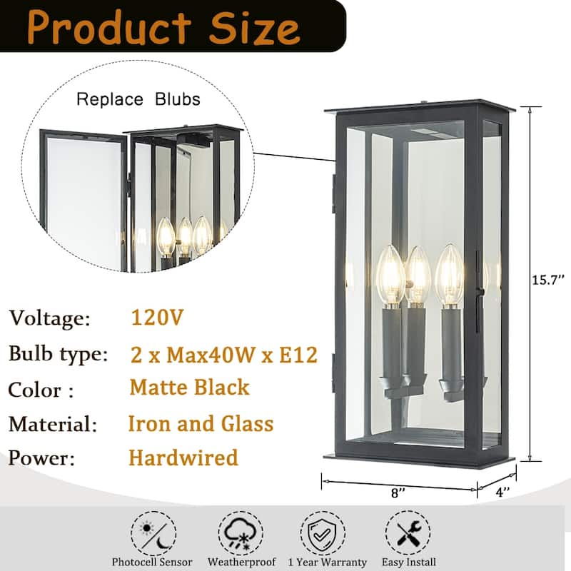 Modern Matte Black Outdoor Wall Light with Dusk-to-Dawn Sensor Simplicity Exterior Wall Sconce with Glass Shade for Porch Garden