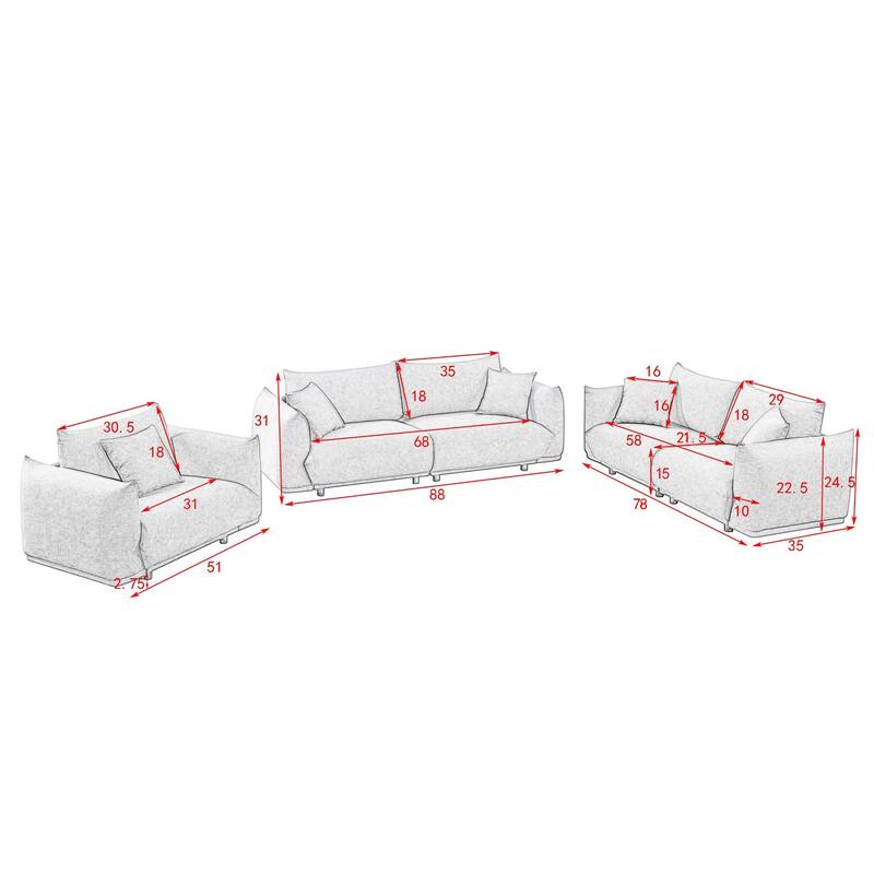 3Piece Fabric Living Room Combination Sofa Set with 5 Pillows Bed