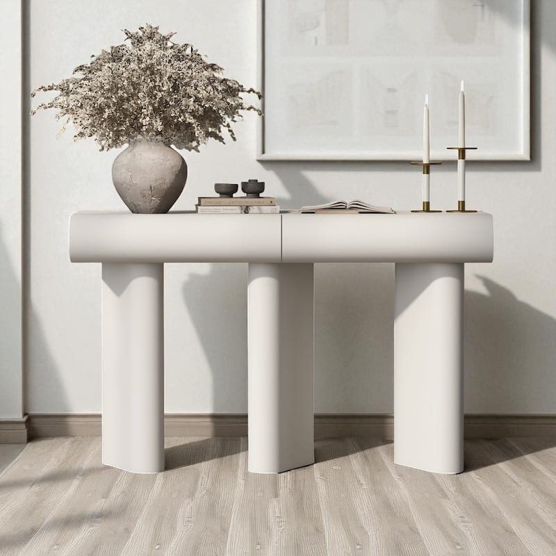 47.6" Modern Entryway Console Table with 2 Curved Drawers and Geometric Legs, Glossy Narrow Hallway Table - White