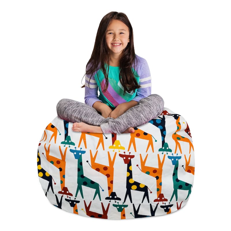 Kids' Stuffed Animal Storage Bean Bag Chair Cover or Toy Organizer - 38 Inches Large - Canvas Giraffes on White