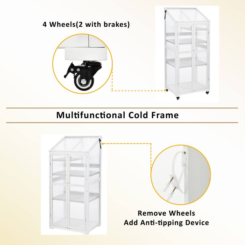 62inch Height Wood Greenhouse Balcony Portable Cold Frame with Wheels and Adjustable Shelves - Permanent