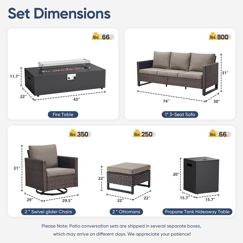 Pocassy 7-Piece Patio Sofa Swivel Chair Ottoman with Fire Table