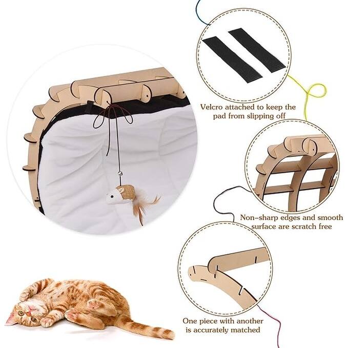 Modern Wood Cat Lounge Bed Hammock with Interactive Toys and Removable Pad