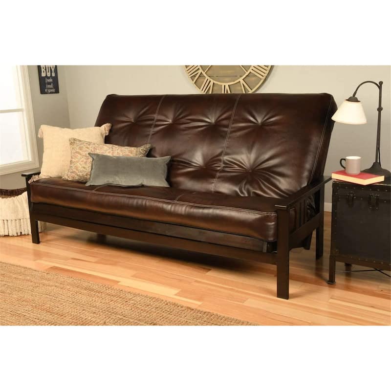 85 in. Espresso/Oregon Trail Java Leather Upholstered Queen Size Futon Set with Mattress