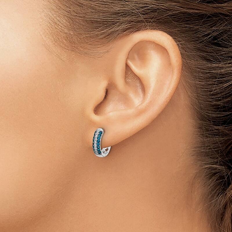 Curata 14k White Gold White and Blue Diamond Hinged Hoop Earrings - 14x14mm Wide 3mm Thick