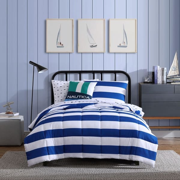 slide 2 of 10, Nautica Kids Huck Stripe Blue Comforter Bonus Set