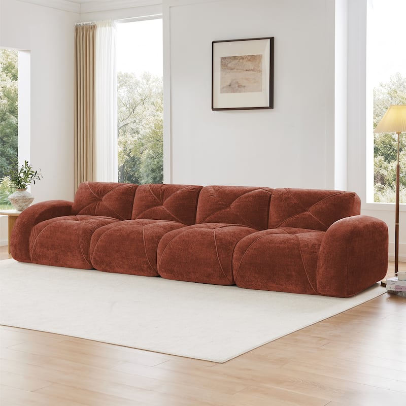 Roomfitters 114 Inch Modular Floor Sofa, Fluffy Plush Sectional with Ottoman, Chocolate - Red+Brown 140''