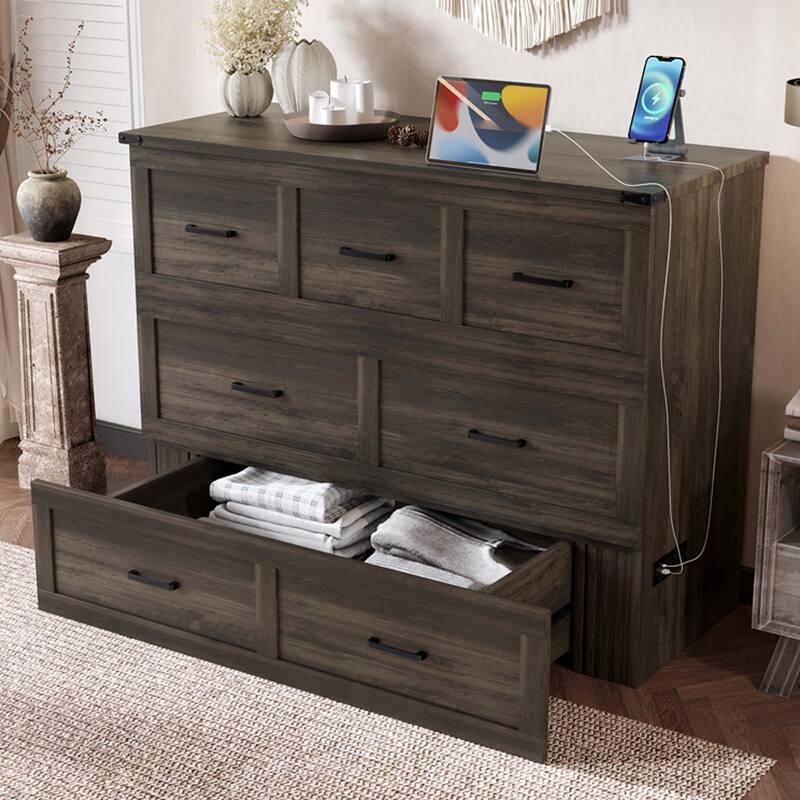 Full / Queen Murphy Bed Cabinet with Built in Charging Station Storage Drawer