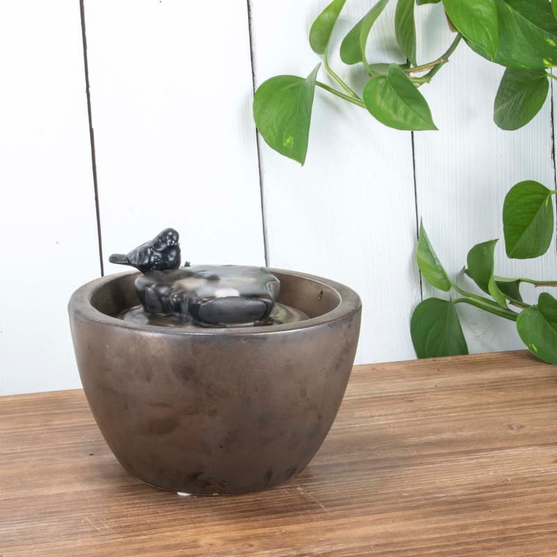 Foreside Home & Garden Bronze Bird on Leaf Indoor Water Fountain With Pump - 7x7x7.5