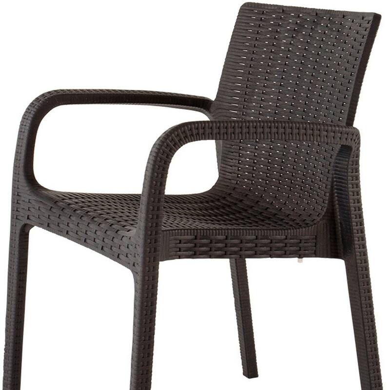 HomeRoots Set of Two Brown Faux Rattan Heavy Duty Plastic Outdoor Stacking Arm Chairs