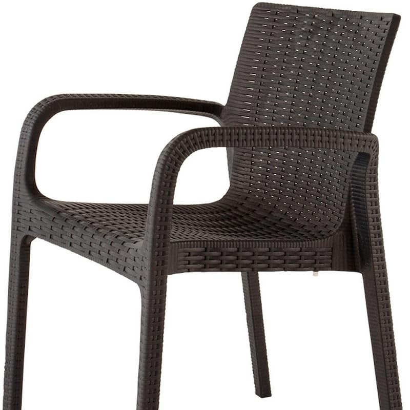 HomeRoots Set of Two Brown Faux Rattan Heavy Duty Plastic Outdoor Stacking Arm Chairs