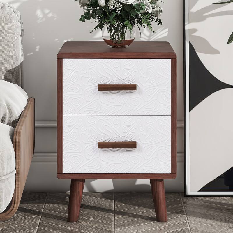 Square End Table Sofa Side Table with 2 Embossed Patterns Drawers for